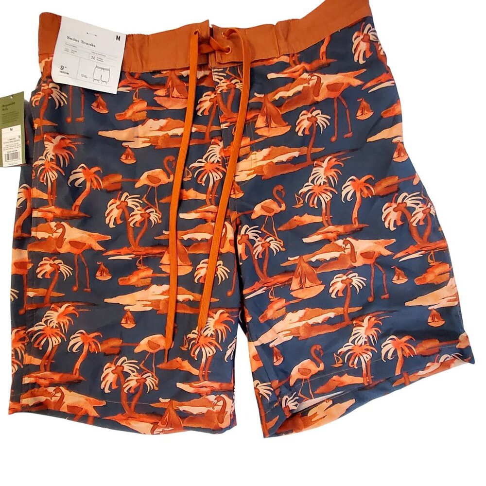 Mens Goodfellow  Swim Trunks M 9"Inseam Orange & Navy Tropical Flamingo Print  M